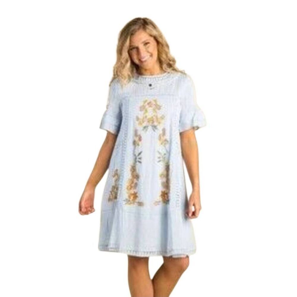 Brass & Roe Light Blue Embroidered Floral Swing Dress Lace Trim Flutter Sleeve M